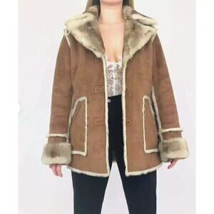 Vintage 90s dennis basso Brown Faux Suede & Fur Reversible Coat jacket L 3284